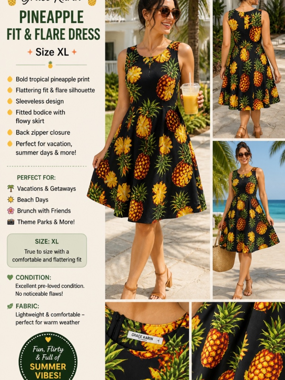 🍍 Grace Karin Pineapple Fit & Flare Dress – Size XL 🍍